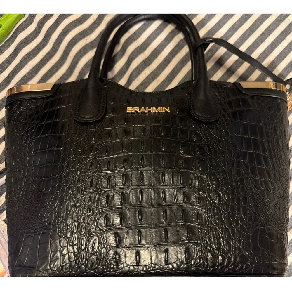 Brahmin Black Croc Embossed Leather Handbag Gold Hardware Structured Tote
